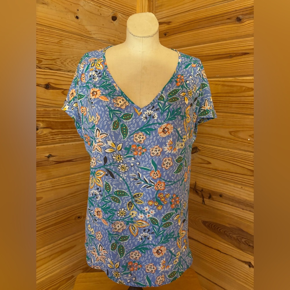 LOFT Floral V-Neck Blouse - Blue and Orange